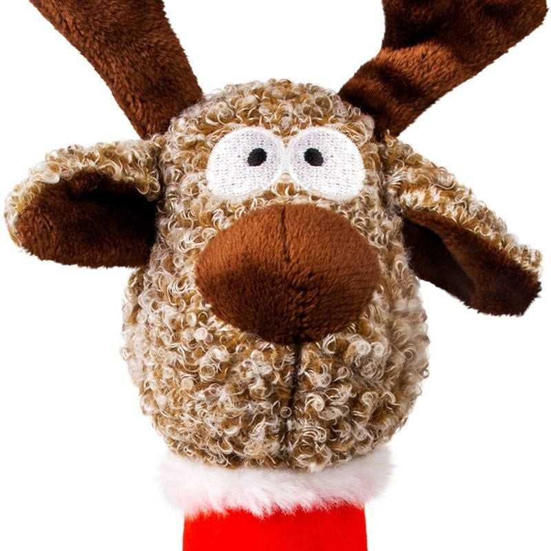 Gros plan sur l'emplacement du couineur du KONG Holiday Shakers Luvs Renne et sur les coutures renfo