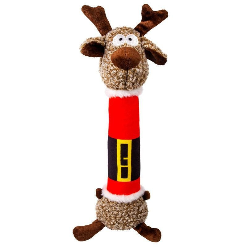 Jouet KONG Holiday Shakers Luvs Renne sur fond blanc, vue de face montrant le long corps de renne av