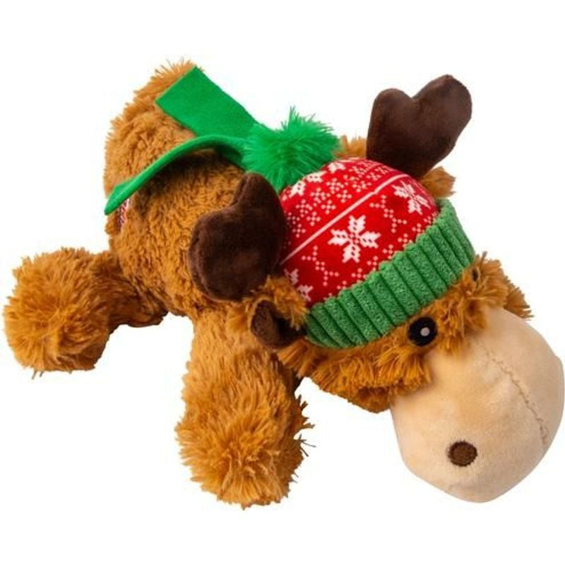 Jouet pour chien en peluche KONG Holiday Cozie Renne avec chapeau rouge et écharpe verte, vue de fac