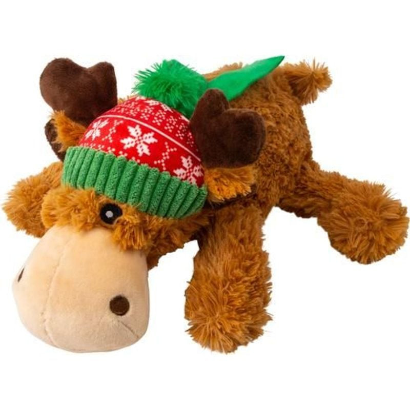 Jouet KONG Holiday Cozie Renne pour chien vu de côté, mettant en valeur ses longues pattes et ses ac
