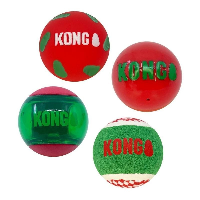 1116627 KONG Holiday lot de 4 balles moyennes pour chien avec couineur, feutre et phosphorescent.