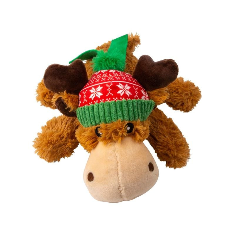 Vue de face du jouet en peluche KONG Holiday Cozie Renne montrant le visage, les bois, le bonnet et 