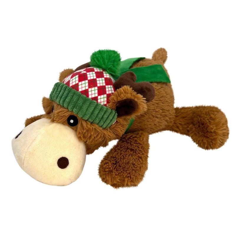 Vue latérale de la peluche renne KONG Holiday Cozie montrant le corps doux et l'écharpe festive.