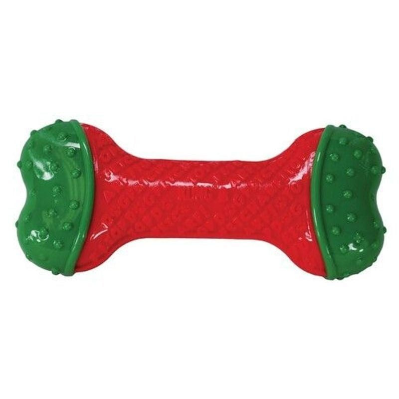 Jouet à mâcher pour chien KONG Holiday CoreStrength en forme d'os festif sur fond blanc.