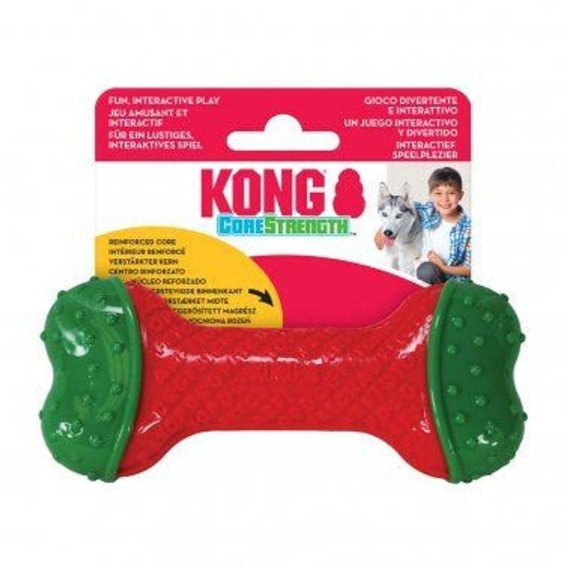 Gros plan du jouet à mâcher KONG Holiday CoreStrength montrant la surface texturée et le noyau multi