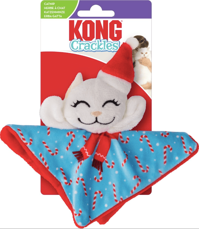 KONG Holiday Crackles Santa Kitty plush cat toy with red Santa hat, scarf, and festive design.