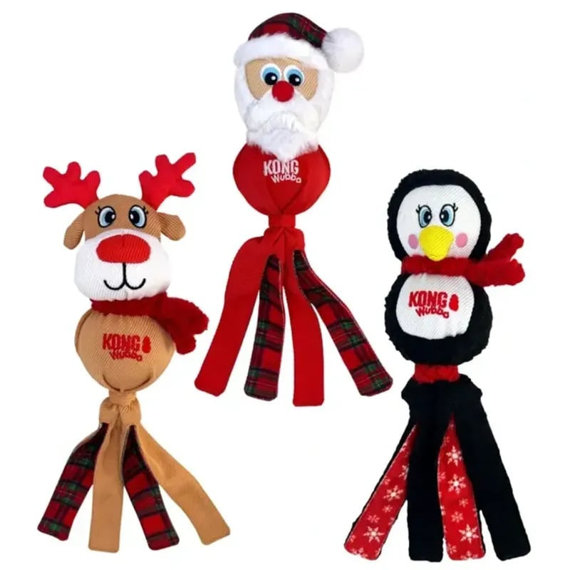 Jouet pour chien KONG Holiday Wubba (L) motif renne avec sifflet et longues queues, sur fond blanc.