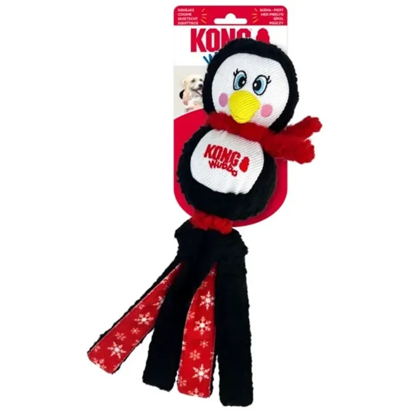 Jouet pour chien KONG Holiday Wubba (L) en forme de bonhomme de neige avec sifflet et longues queues