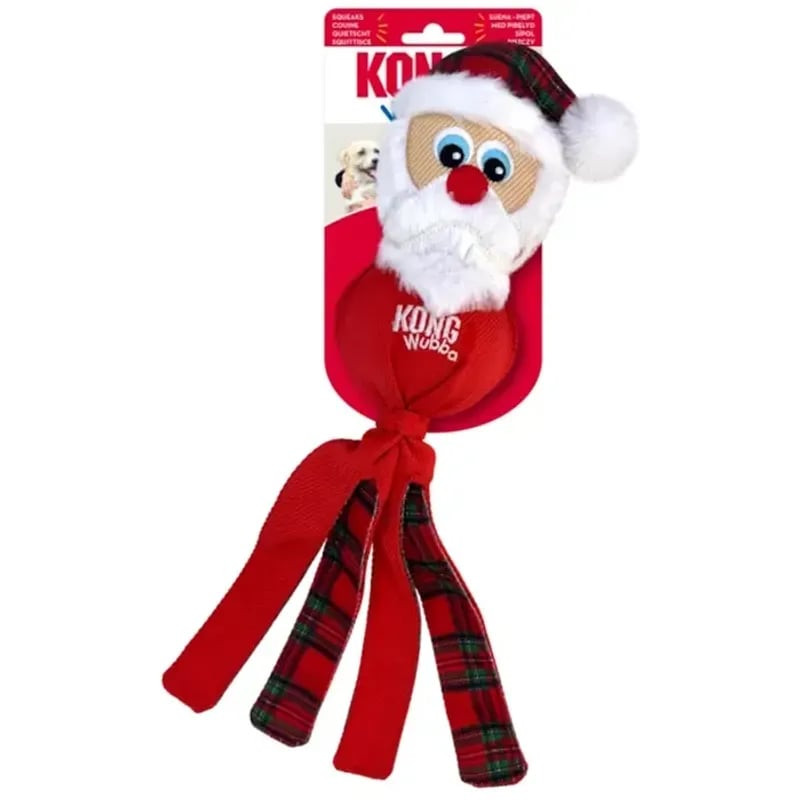 Jouet pour chien KONG Holiday Wubba (L) motif Père Noël avec sifflet et longues queues, sur fond bla