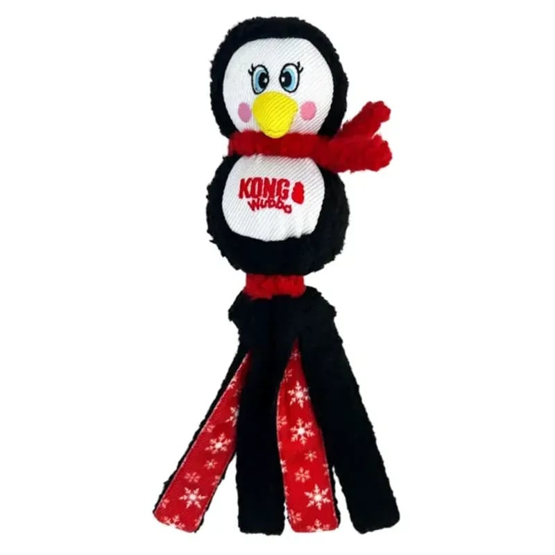 Jouet pour chien KONG Holiday Wubba (L) motif Elfe avec sifflet et longues queues, sur fond blanc.