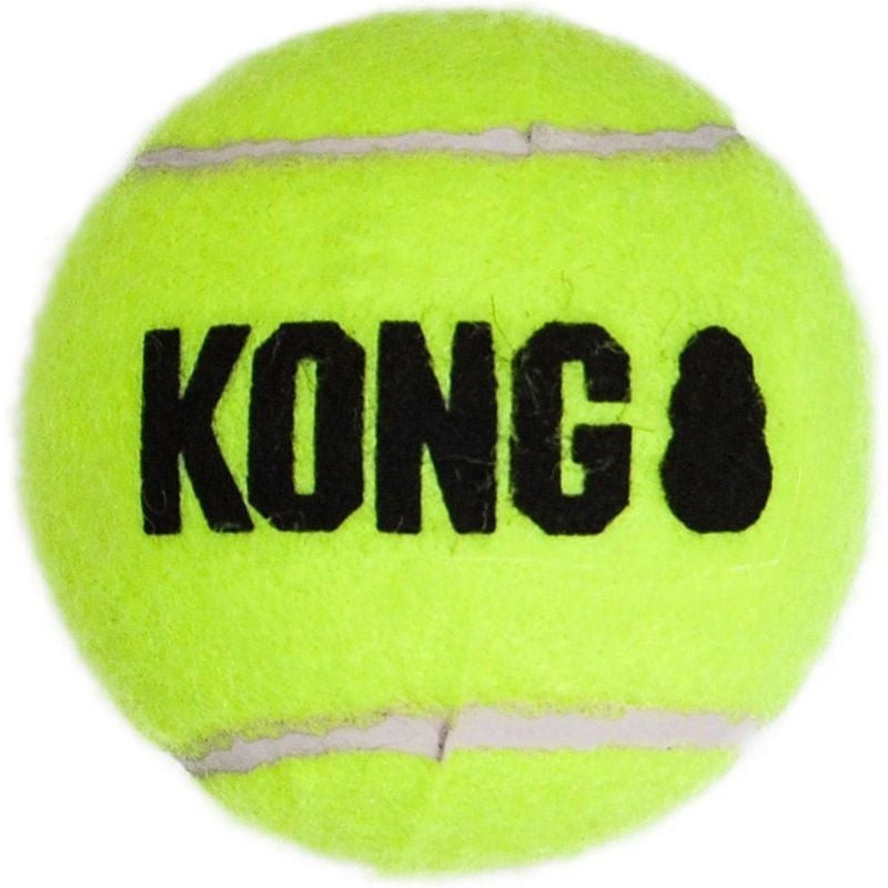 Balle à couiner KONG Air Squeaker taille L en design bleu et rouge sur fond blanc