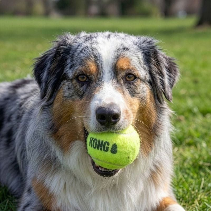 Golden retriever heureux jouant avec la balle à couiner KONG Air Squeaker taille L dans un champ her
