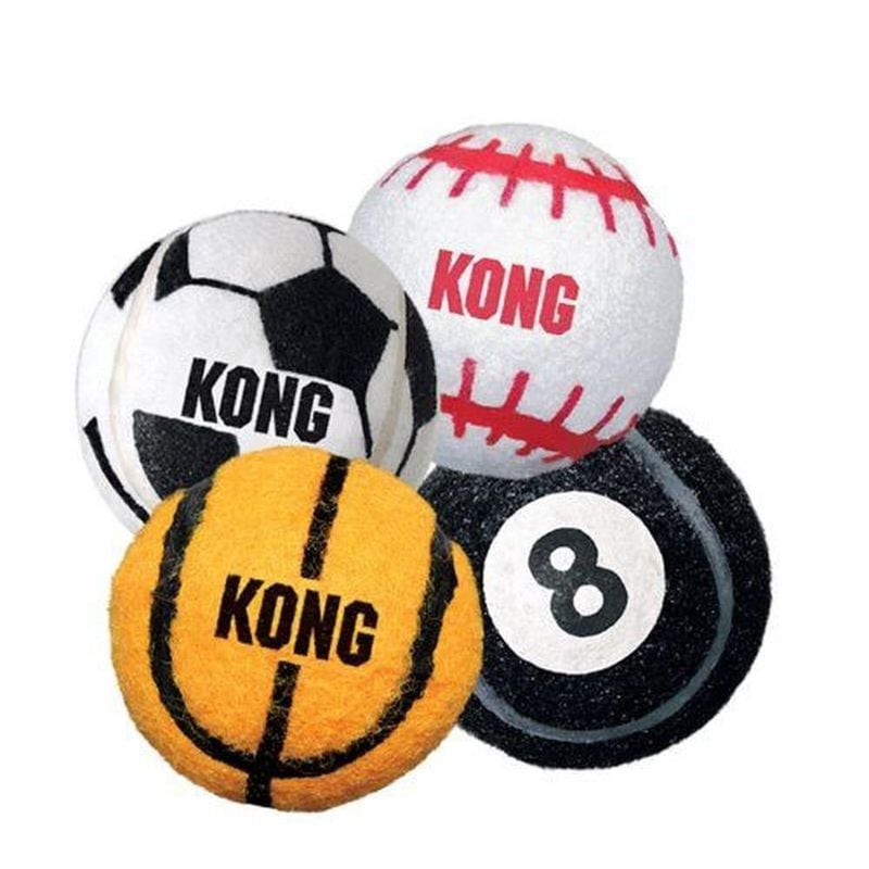 Trois balles KONG Sport Balls rouges, bleues et vertes sur fond blanc.
