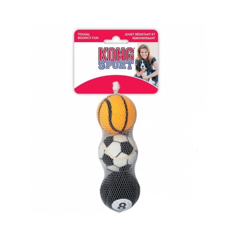 Pack de 3 balles KONG Sport XS : basket, foot, billard en filet avec carte, femme avec chien et grap