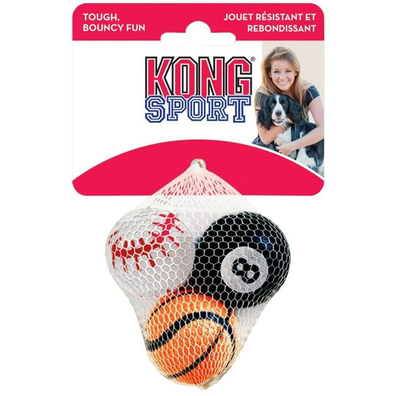 Pack KONG Sport XS : baseball (rouge/blanc), basketball (orange/noir), 8-ball (noir) dans filet, ave