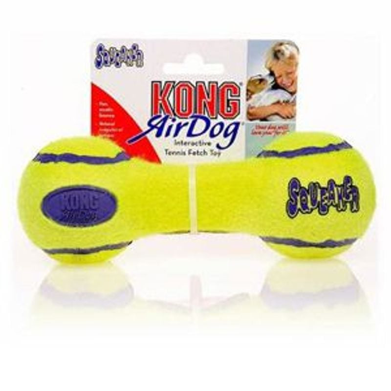 Jouet KONG AirDog Squeaker Dumbbell M, vue de dessus : trou du couineur et matériau visible.