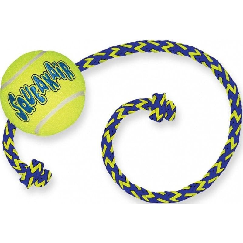 Packshot de la balle de tennis couineuse KONG Air Squeaker pour chien, avec corde et feutrine non ab
