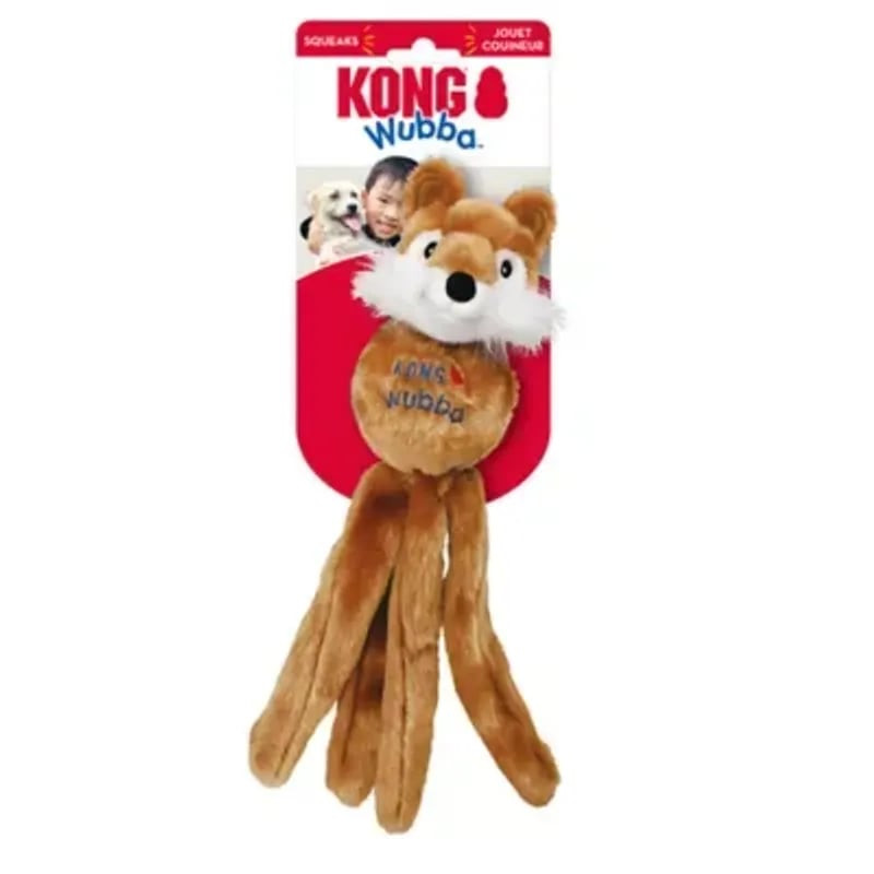 Jouet KONG Wubba Friends L motif renard pour grands chiens sur fond blanc.