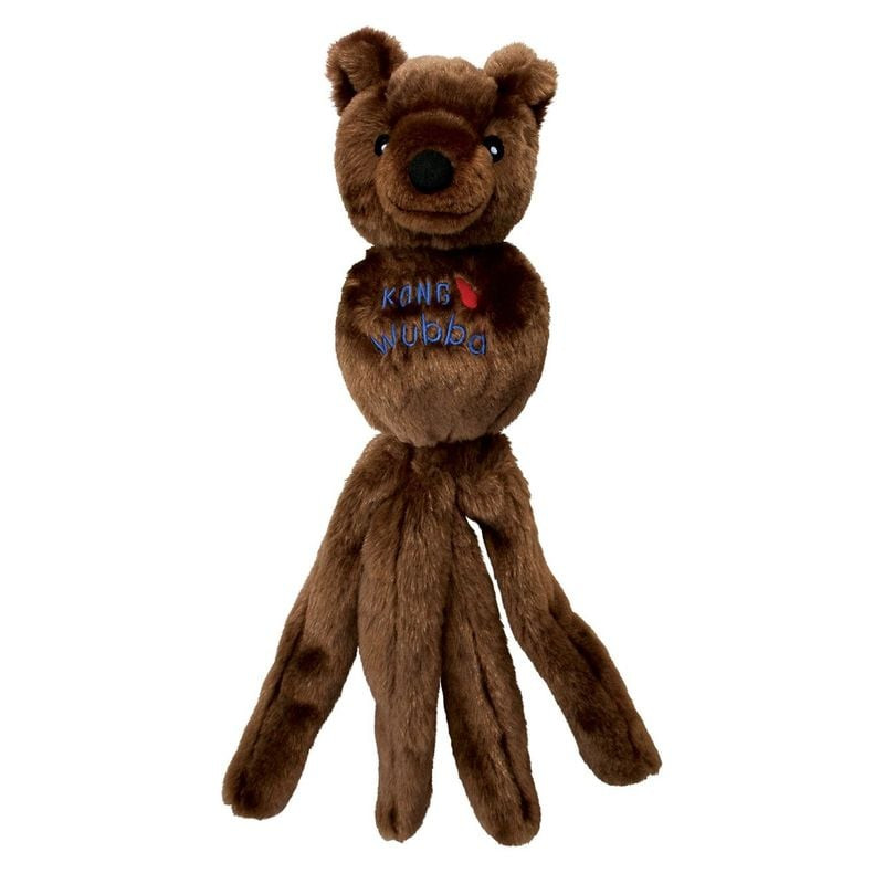 Jouet en peluche KONG Wubba Friends S avec longues queues et couineur, vue de face sur fond blanc.