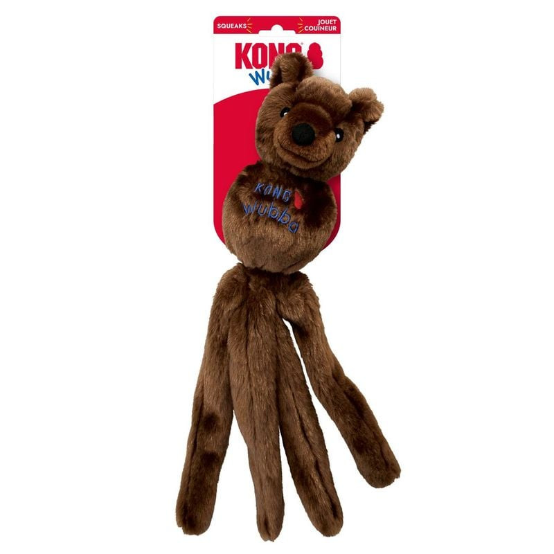Vue latérale du jouet KONG Wubba Friends S montrant ses longues queues colorées et son corps en pelu