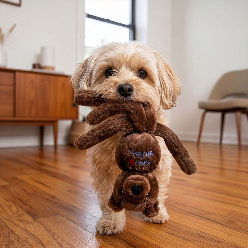 Petit chien jouant avec le jouet KONG Wubba Friends S, tirant sur une queue.