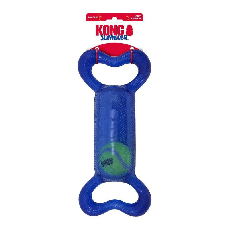 Jouet KONG Jumbler Tug pour chien, taille M/L, vue avant montrant les poignées bleues et rouges et l