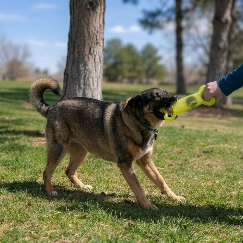 Chien heureux jouant au tir à la corde avec le jouet KONG Jumbler Tug, taille M/L, dans un cadre ext