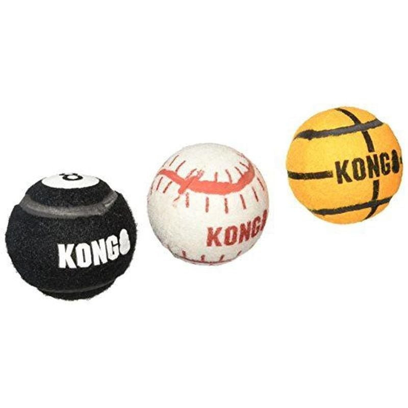 Lot de trois balles KONG Sport avec différents motifs sportifs sur fond blanc.